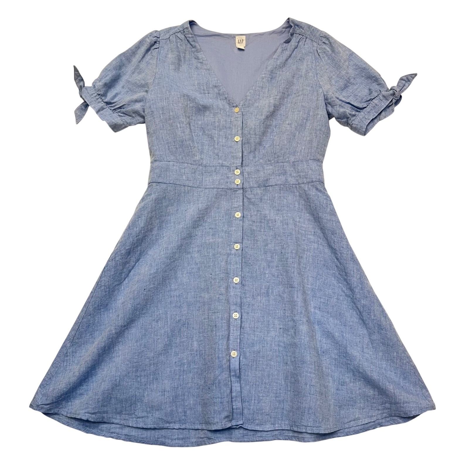 Gap Blue Linen Blend Button Front Puff Sleeve Tie Cuff Fit Flare Dress Size 8