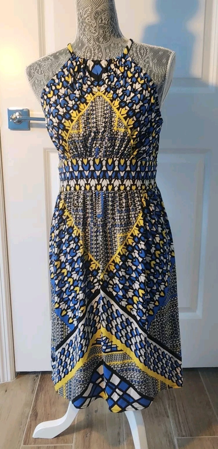 London Times Womens Blue White Black Yellow Dress Size 4 W/key Hole Top Stretchy