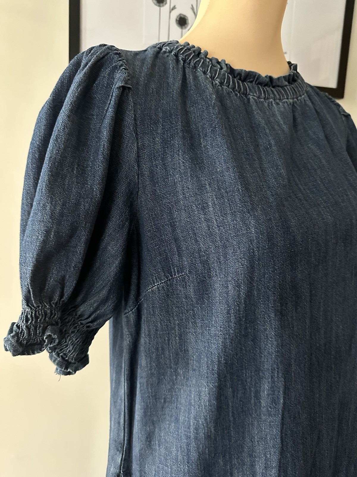 Free Assembly Blue Solid Denim Shift Dress Round Neck Puff Sleeve Pockets XS