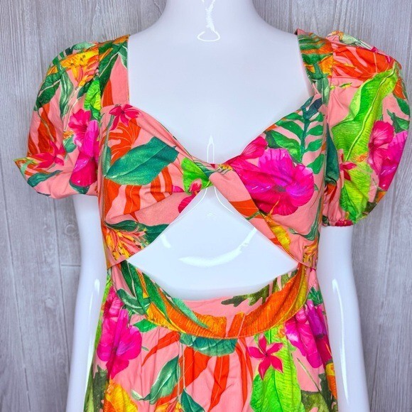 SHEIN floral tropical maxi dress vacation beach cutout and puff sleeves small