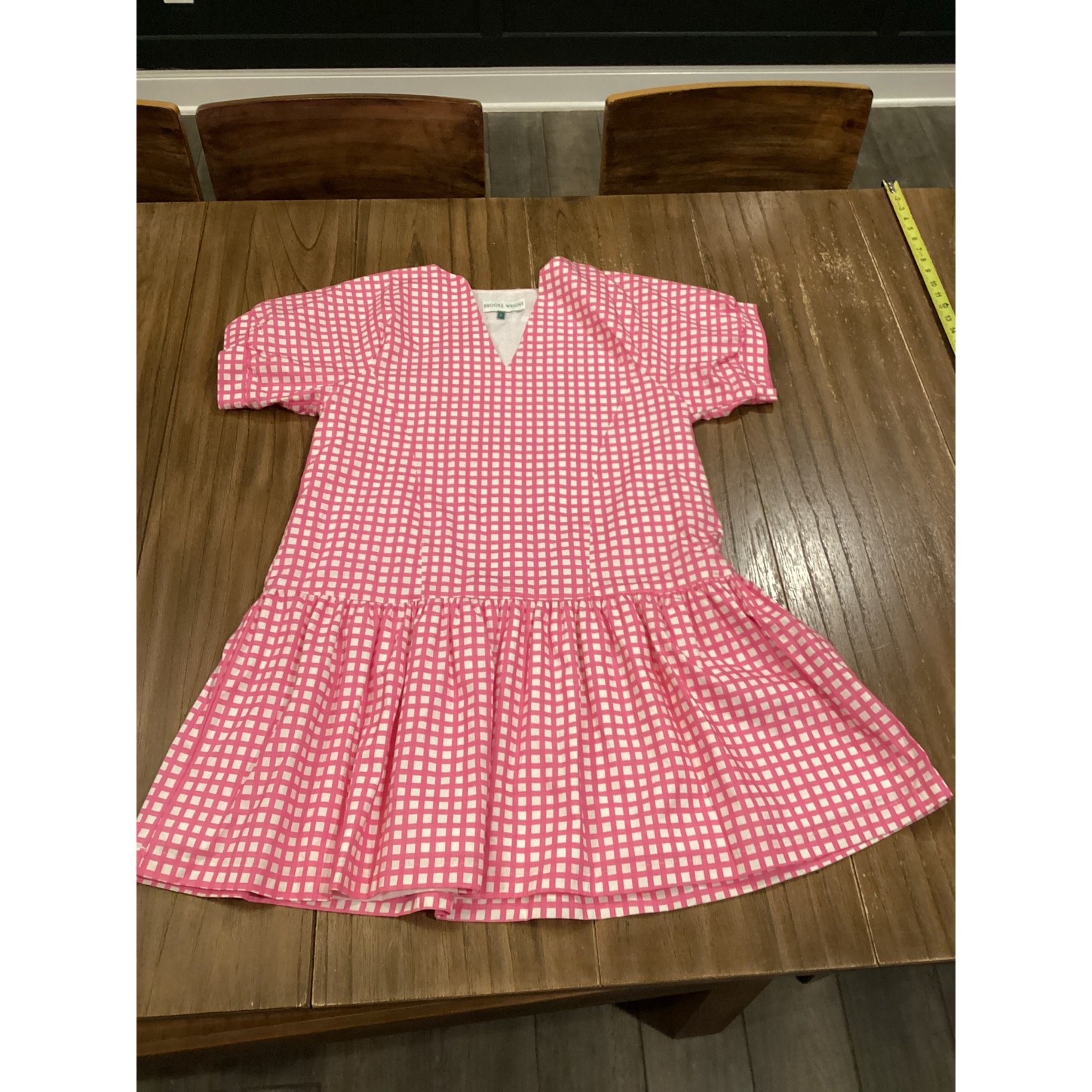 Brooke Wright lucy tiny pink check mini Dress Short Sleeve cotton linen ruffle L