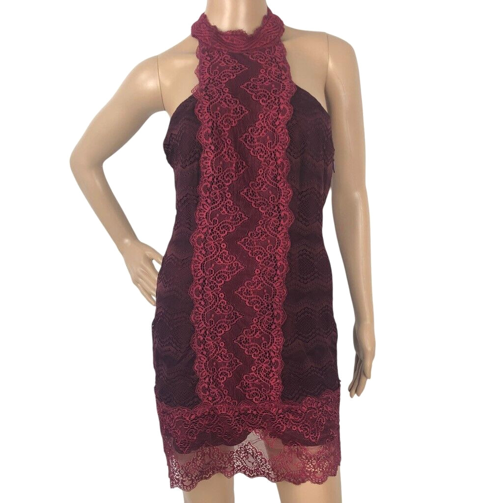 Free People Natasha Lace Halter Bodycon Mini Dress Party Formal Wine Red Size S