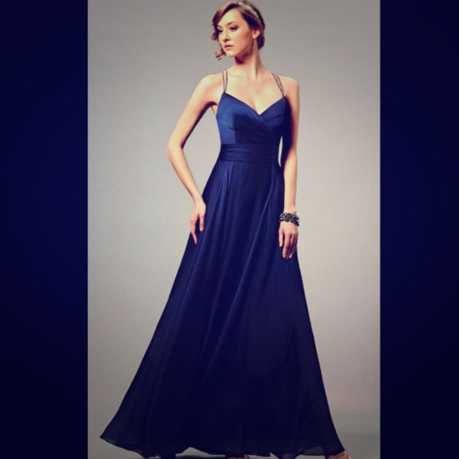 Belsoie L164010 Elegant Navy Blue Evening Gown With Crisscross Strap Detail 10