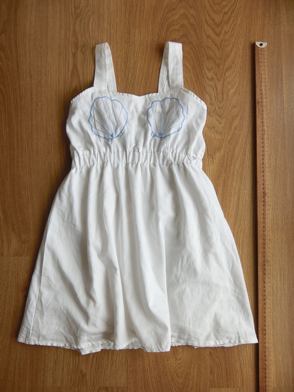 Embriodered Shell Detail White Cotton Strappy Summer Mini Skater Dress, XXS