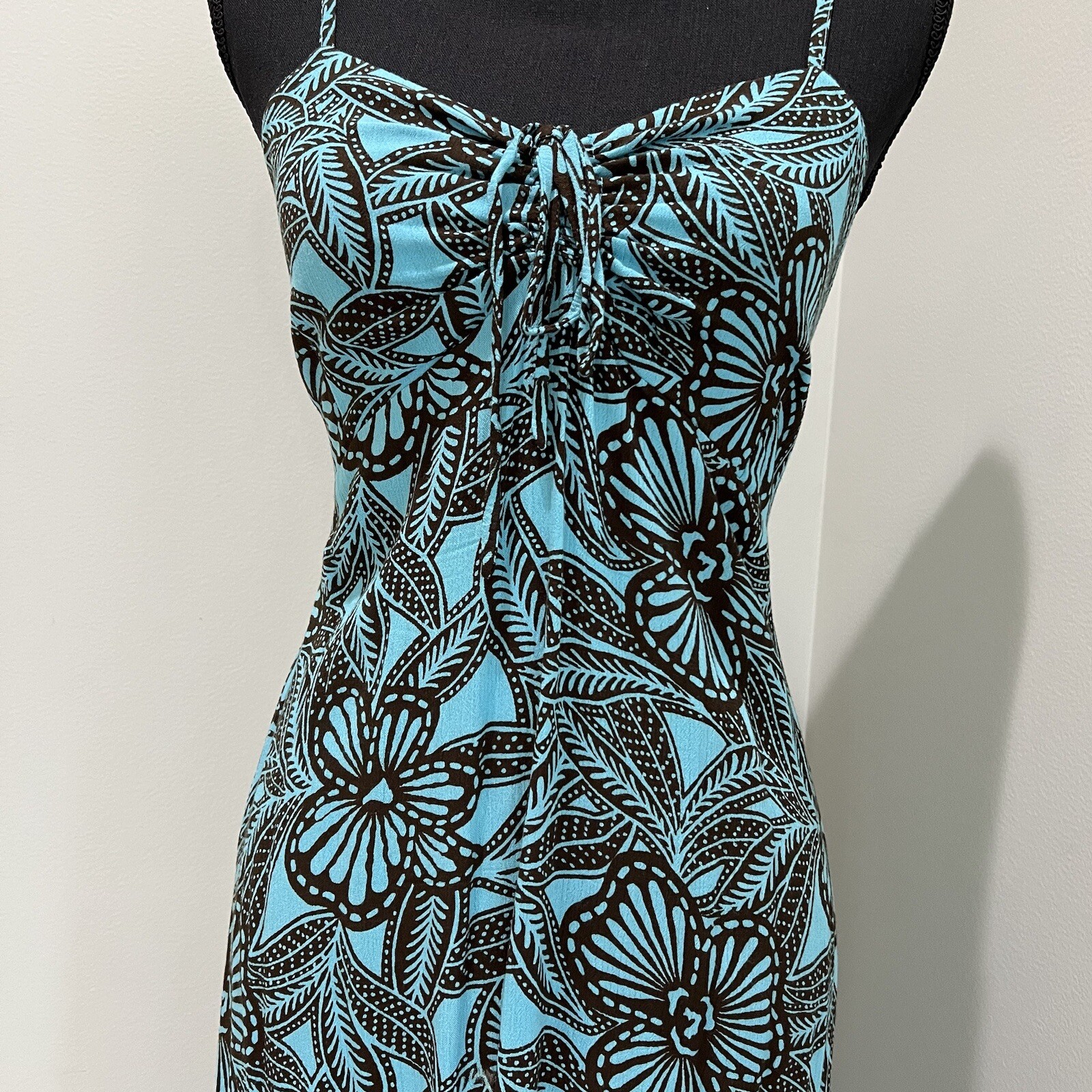 Piramide Clothing Company Handmade Teal & Brown MIDI Dress 100% Rayon Sz M EUC