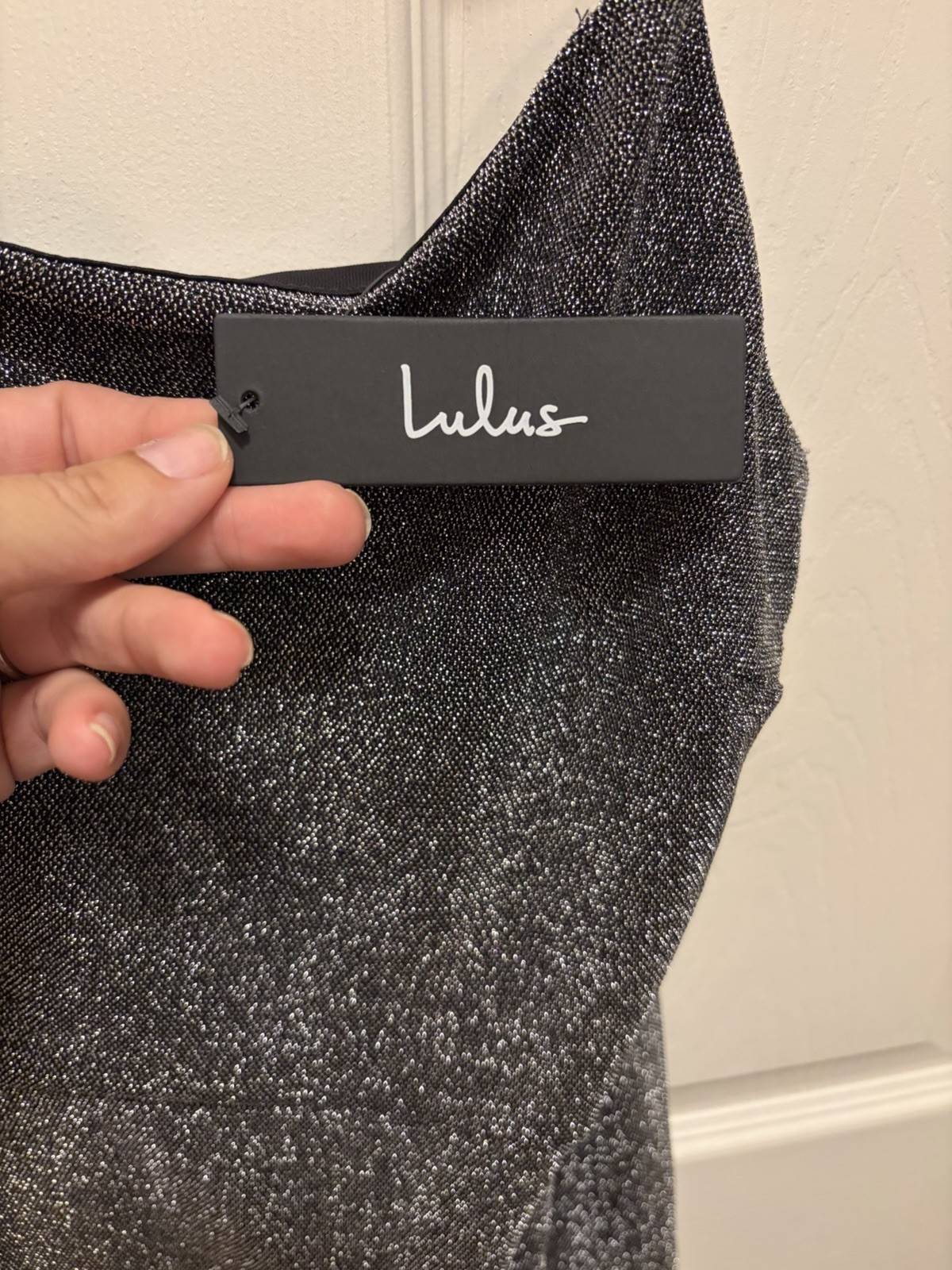 Lulus Black Silver Solid Glitter Knit Bodycon Mini Dress S Cowl Neck Strappy