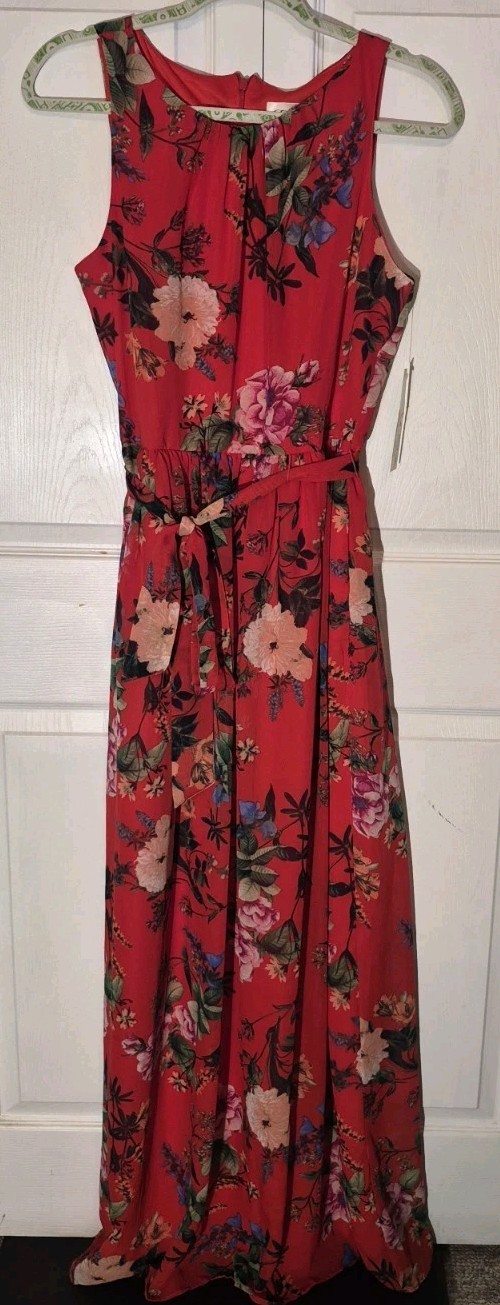 Romantic Red Botanical Floral Maxi Dress Chiffon Summer Wedding Guest Sz 8 NWT