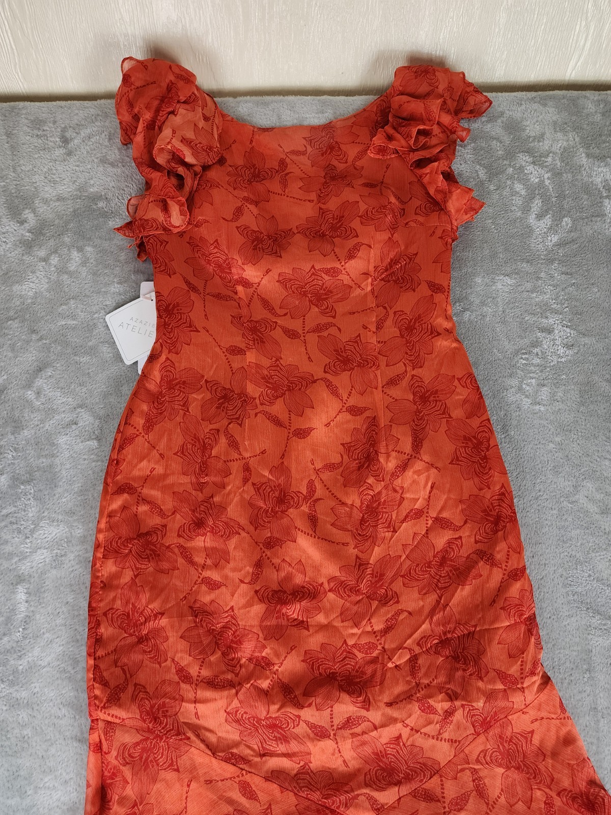 Azazie Atelier Amaria Orange Floral Ruffle Maxi Dress, Zip Closure, Women 10
