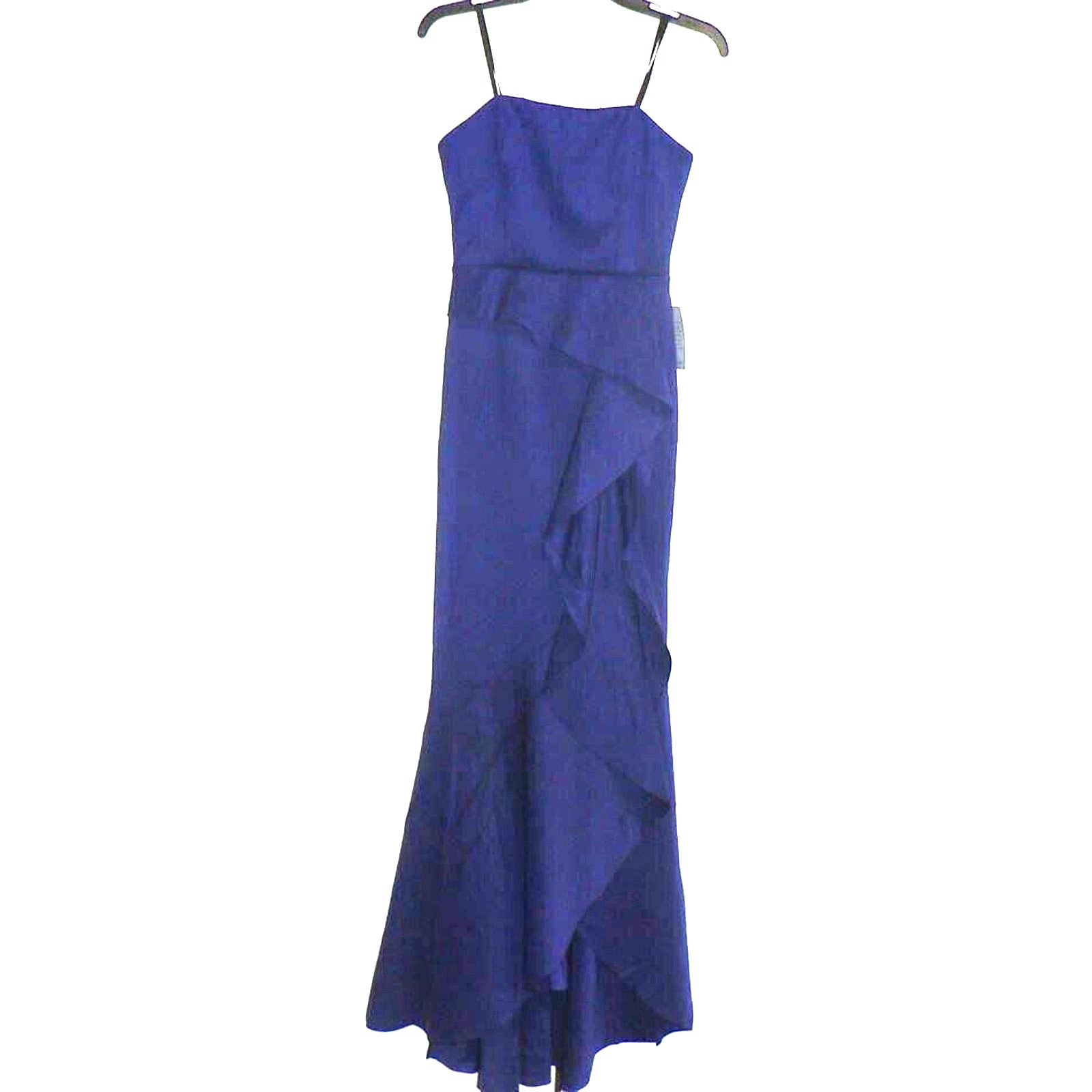 Xscape Strapless Side Ruffle Drape Scuba Crepe Gown in Marine Blue Size 6 $239