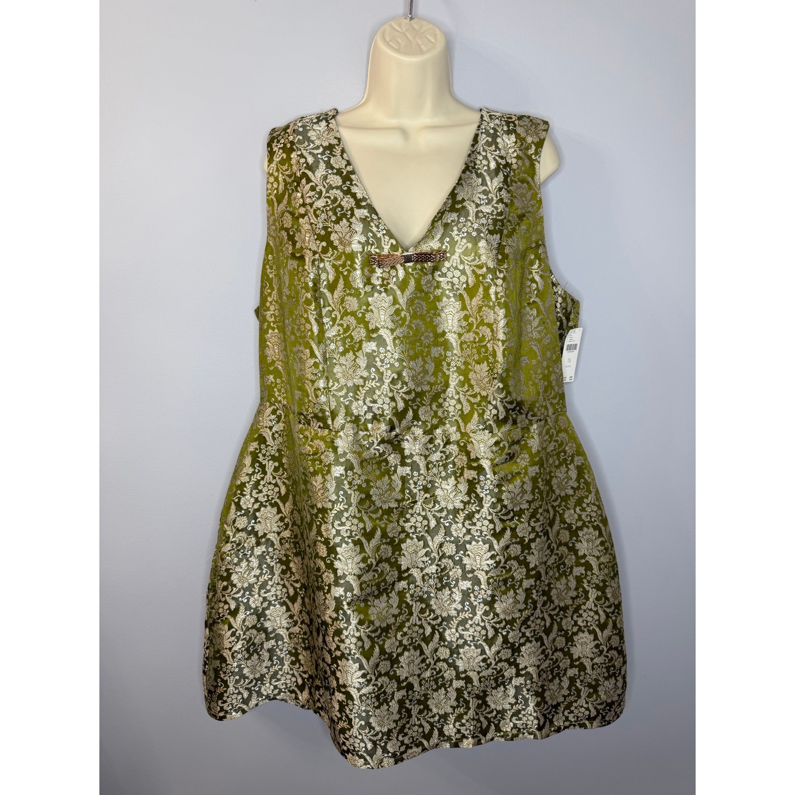 Maeve Sleeveless Brocade Shift Mini Dress Cocktail Green Gold Women’s 1X New