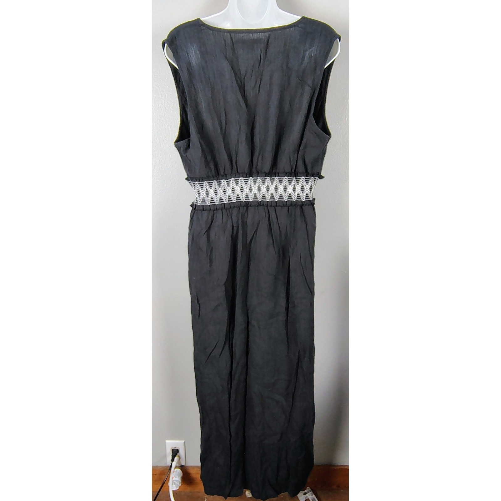 Cypress Black Cotton Gauze Smocked Empire Waist V-Neck Maxi Dress L witchy goth