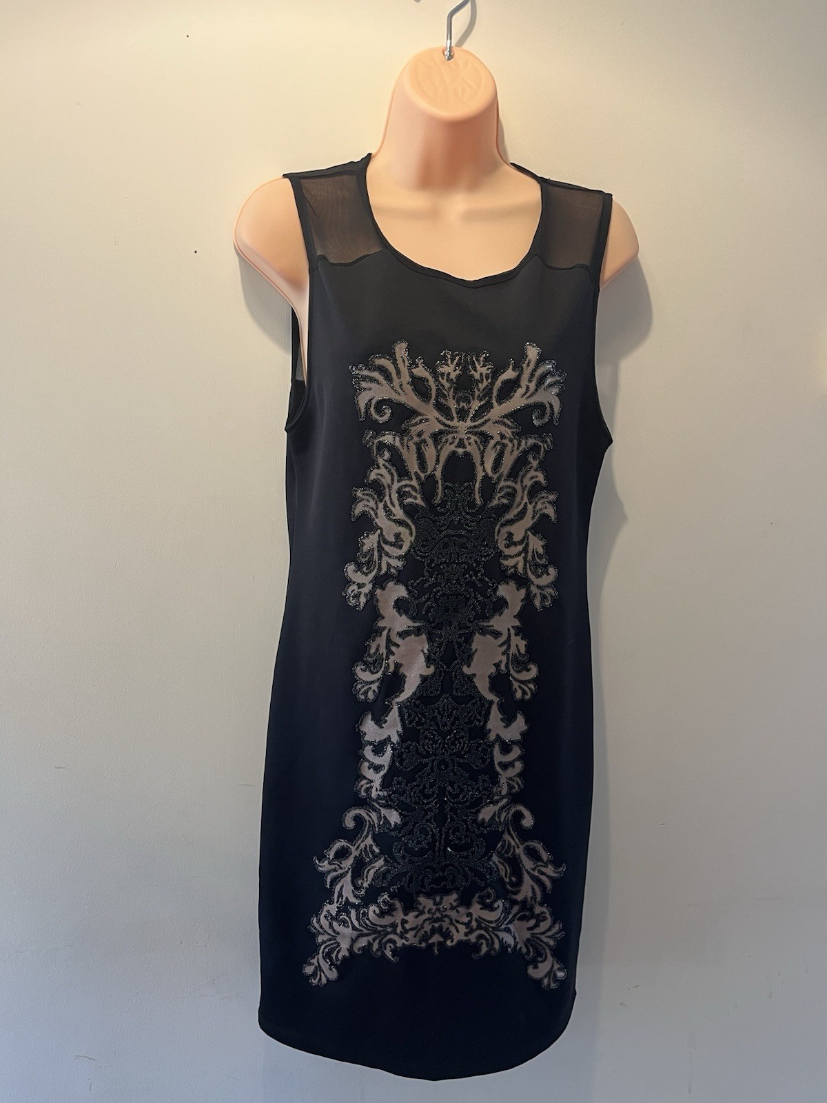 Miss Selfridge Black Beaded Dress UK 14 Baroque Mesh Shift Embellished Party LBD