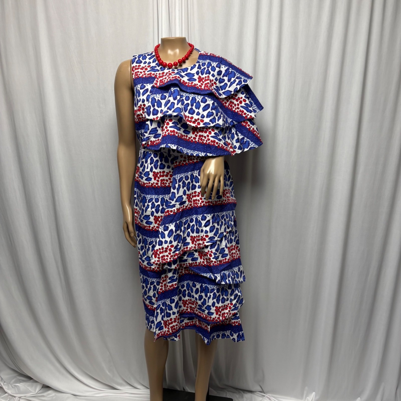 Ashro Dress Womens Sz 6 Red White Blue Asymmetrical Ruffle Layered Statement NEW