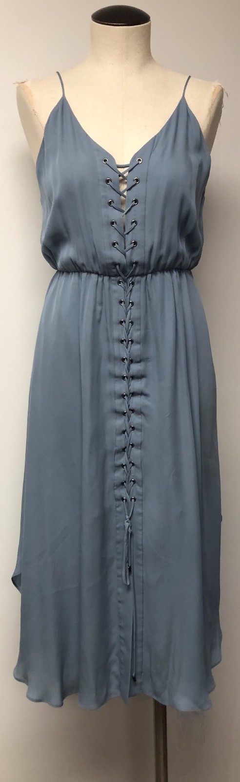 HAUTE HIPPIE SLATE BLUE SILK MIDI DRESS SLEEVELESS FULLY LACE UP FRONT SZ S-M