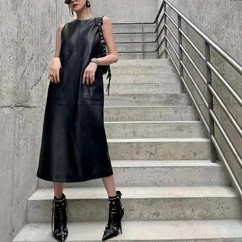 Evening Leather Dresses Spring Autumn Sleeveless Straight Vestido Length Gowns