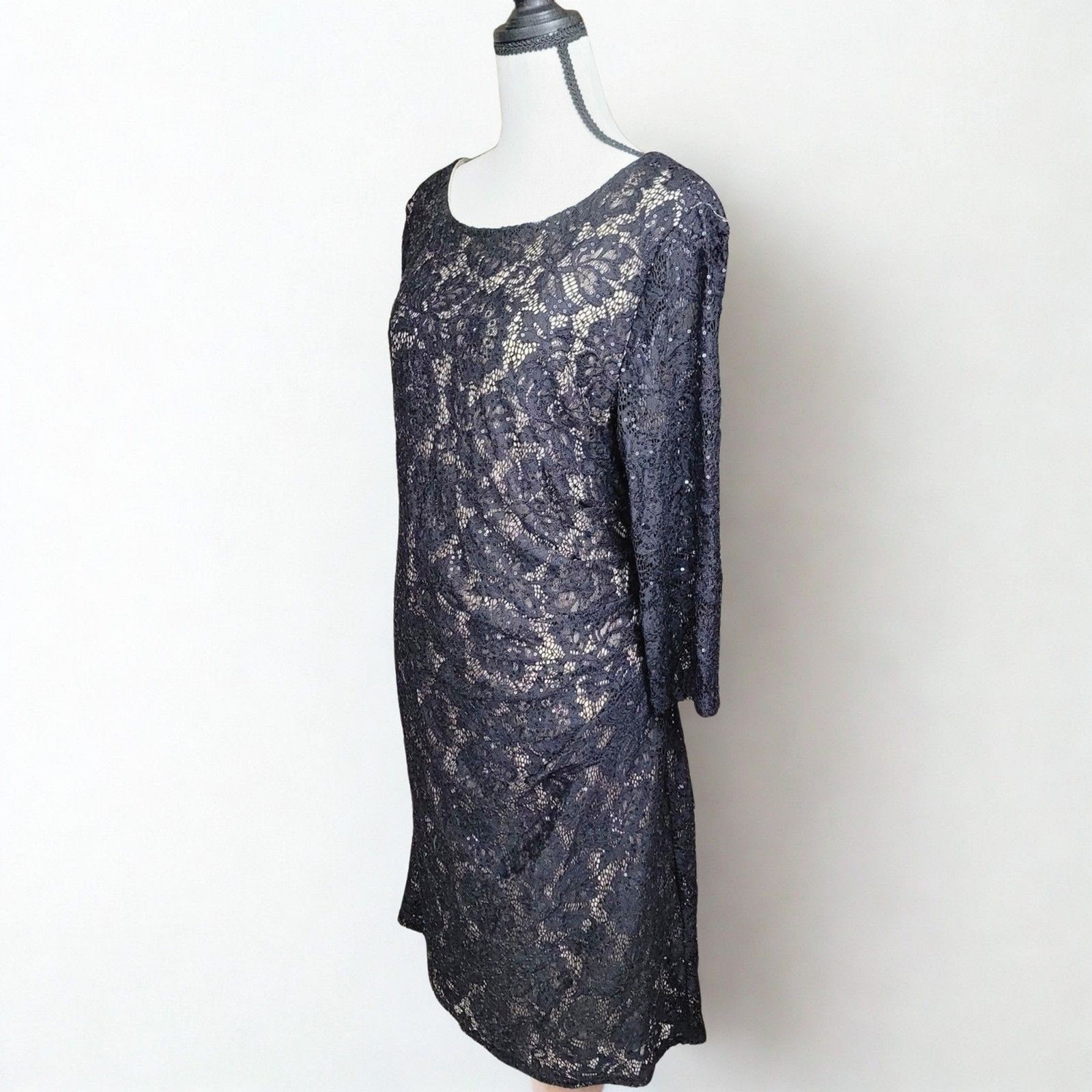 Scarlett Black Lace Sequin 3/4 Sleeve Cocktail Formal Dress Size 16 Knee Length