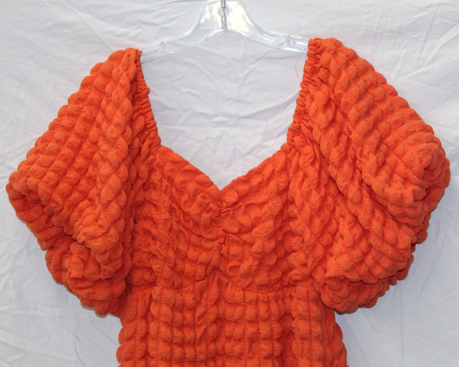 NWT Merci Orange Bubble Dress – Textured Puff Sleeve Midi Dress – Smocked Back