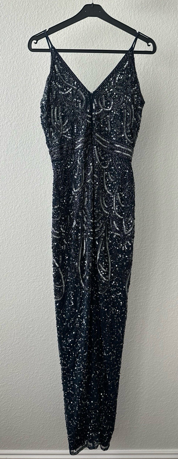 BEAUUT Navy Silver Beaded Sequin Art Deco Sheath Dress NWT V-Neck Long Size 8