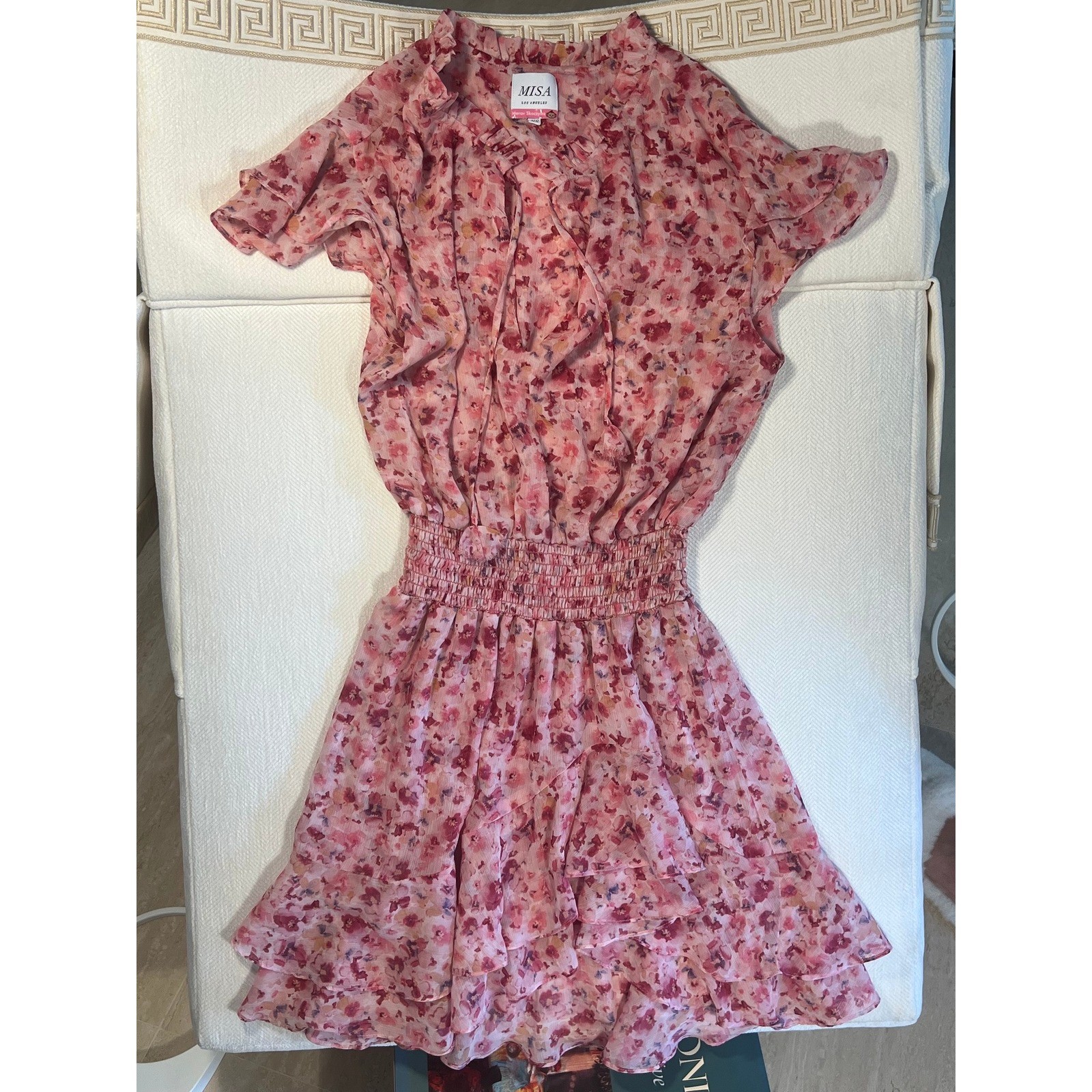 MISA Los Angeles Pink Floral Chiffon Smocked Mini Dress Ruffle Flutter Sleeve XS