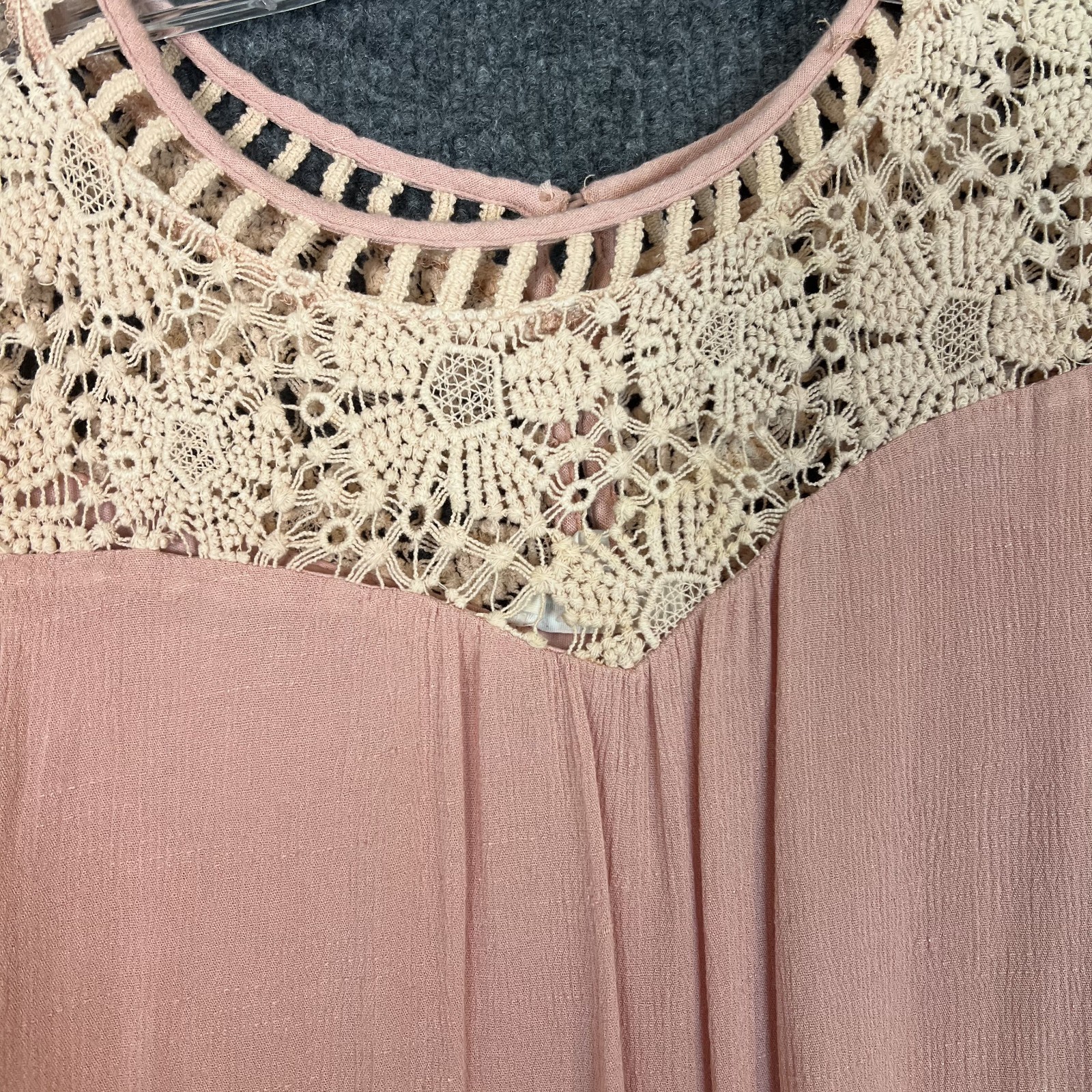 Womens Crinkle Crotchet Shift Dress Medium Pink Cream Bohemian Romantic Dainty