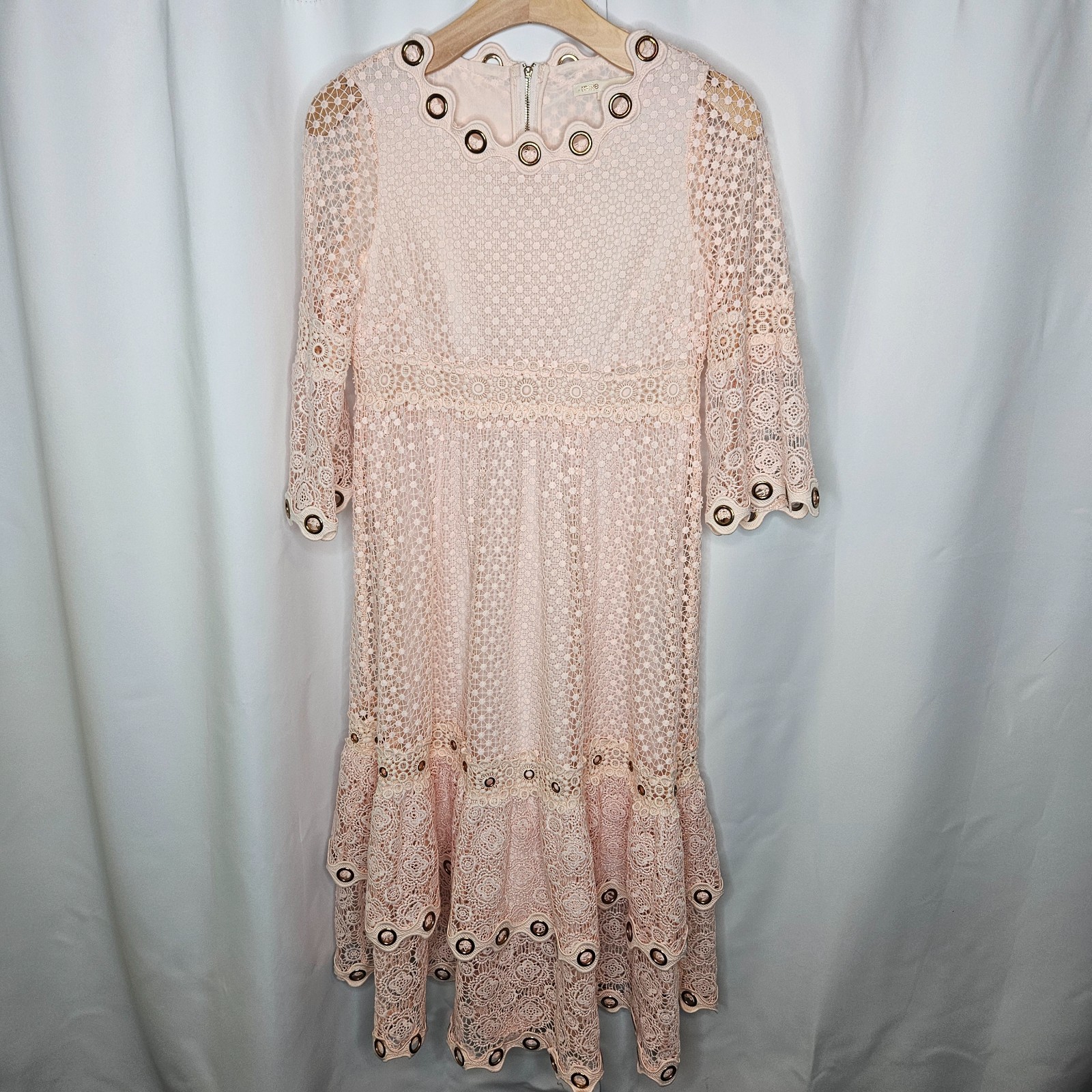 Maje Blush Pink Roso Gold Grommet Lace Tiered Half Sleeve Midi Dress size 2