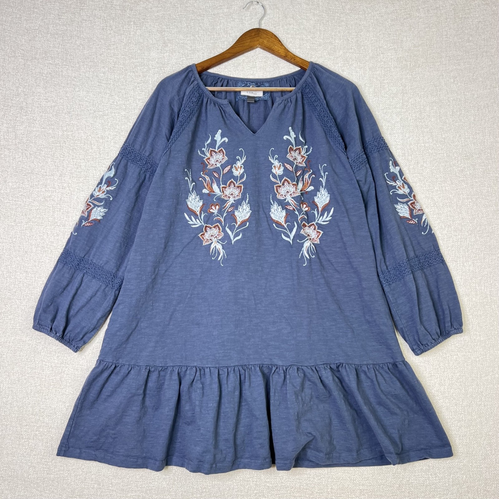 Cupio 100% Cotton Dress Boho Floral Embroidered Blue Crochet Lace Ruffle Size L