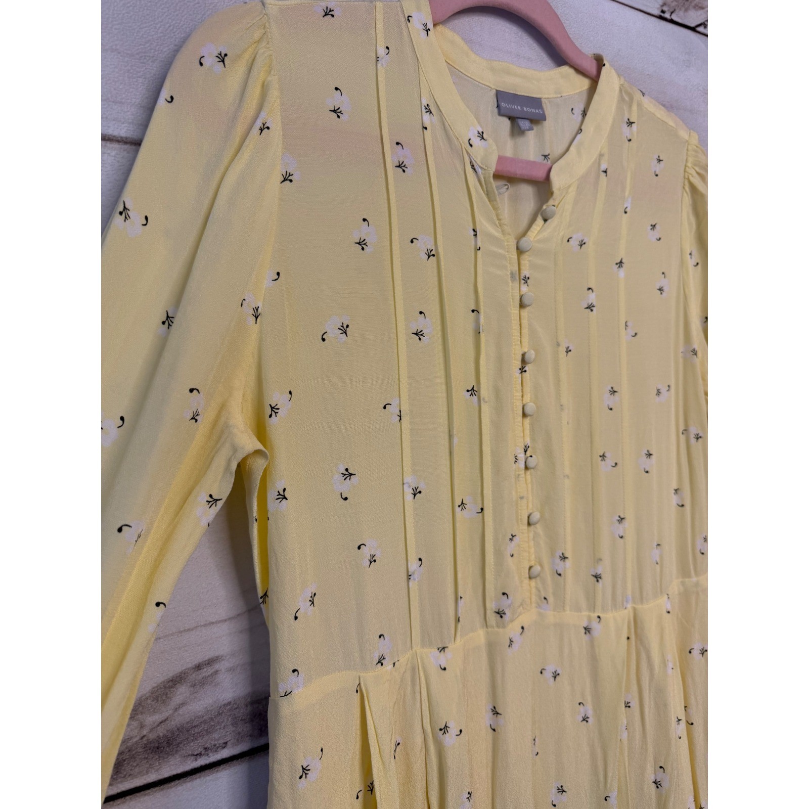 Oliver Bonas Yellow Floral Pintuck Long Sleeve Mini Dress US 8 UK 12 1335651