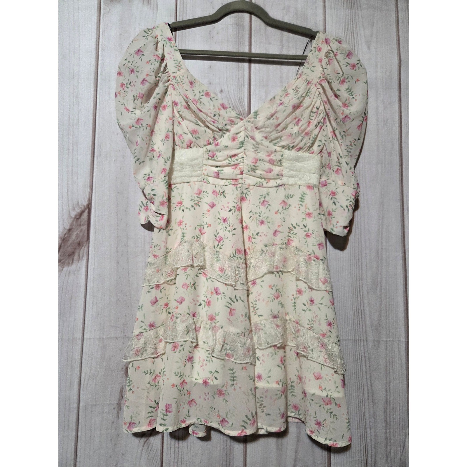 Forever 21 Floral Chiffon Mini Dress Pink Cream Lace Tiered Puff Sleeve Small