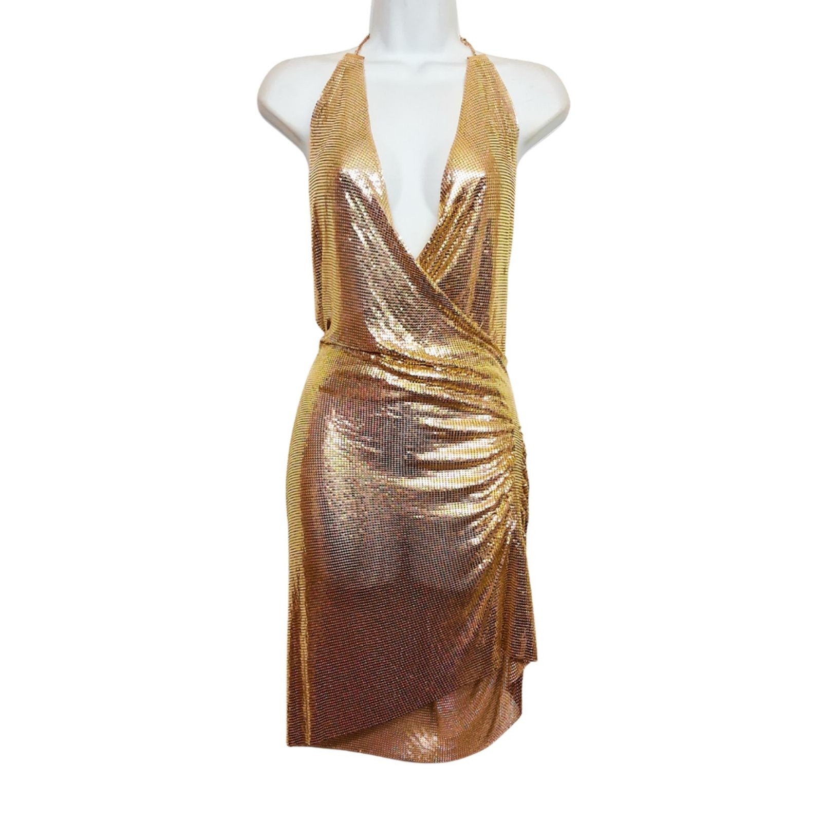 12TH TRIBE Metal Chainmail Gold Metallic Halter Neck Mini Dress Festival XL NWT