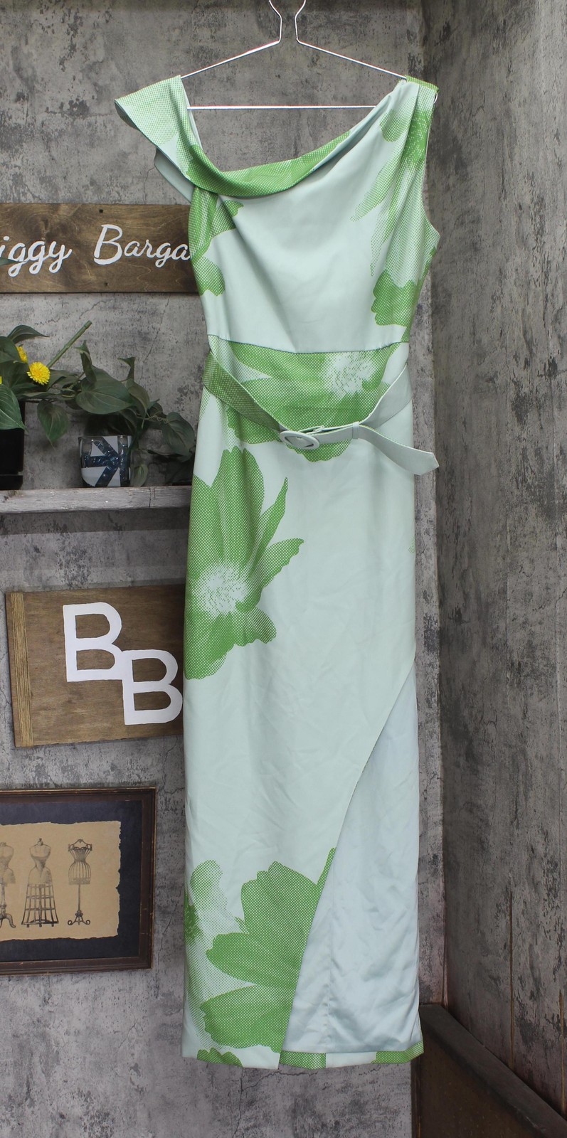 Jewel by Badgley Mischka Asymmetric Belted Floral Print Gown Dress Green Multi 6