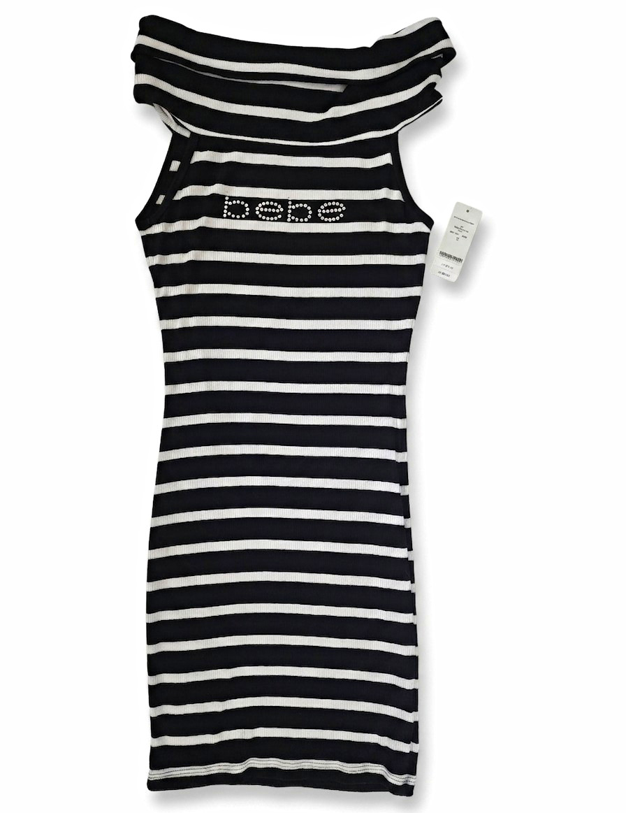 bebe Womens Dress Small Black White Striped Rhinestone Logo Fold Over Neck NWT