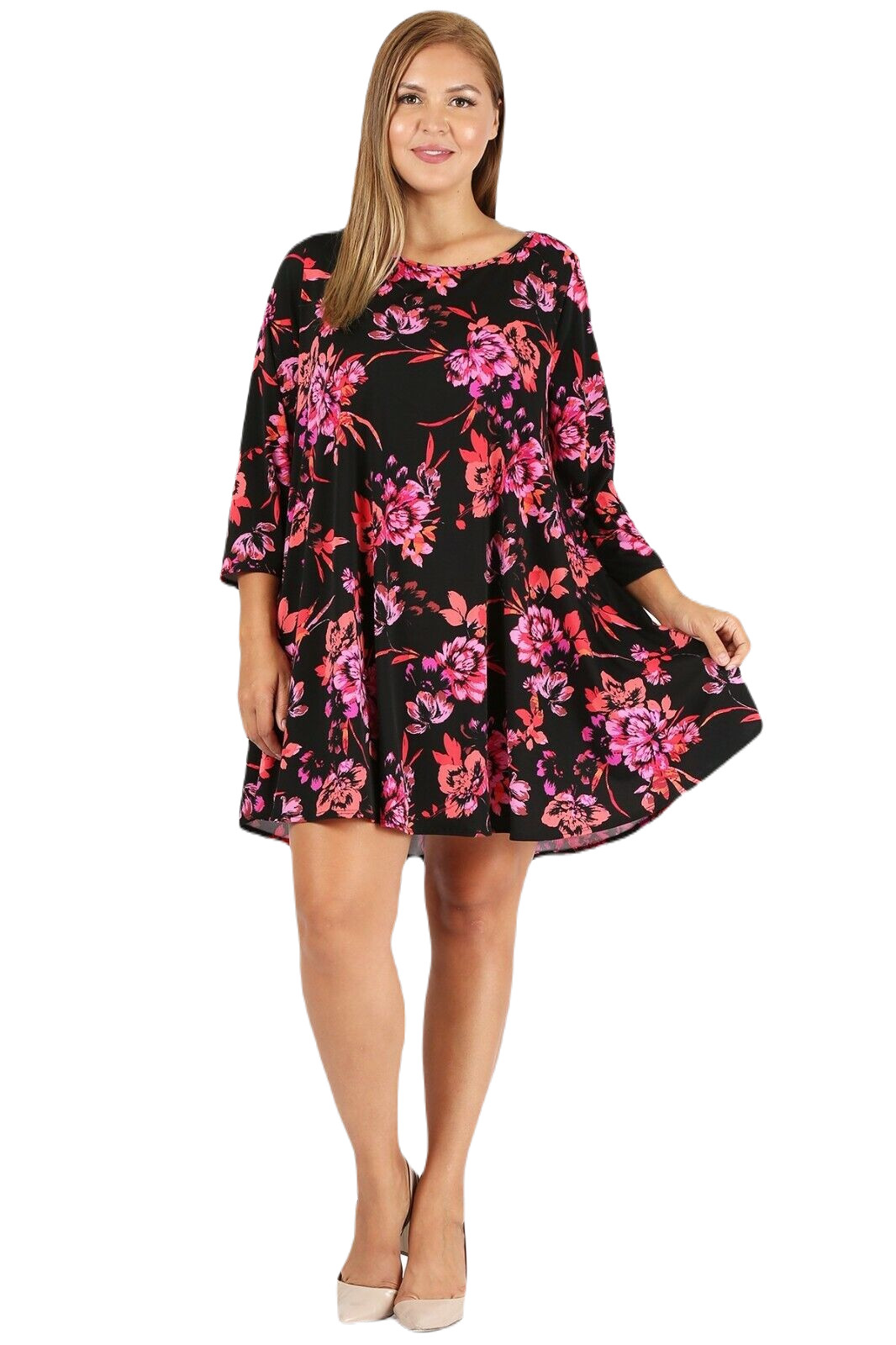 PLUS 1X BLACK floral side Pockets Stretch Knit A-Line Comfort Tunic/Dress BHCS