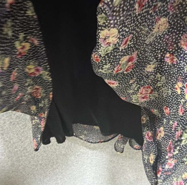 An’ge Paris Tired Sleeveless Sheer Lined Mini Dress Black Floral Dotted Ruffle M