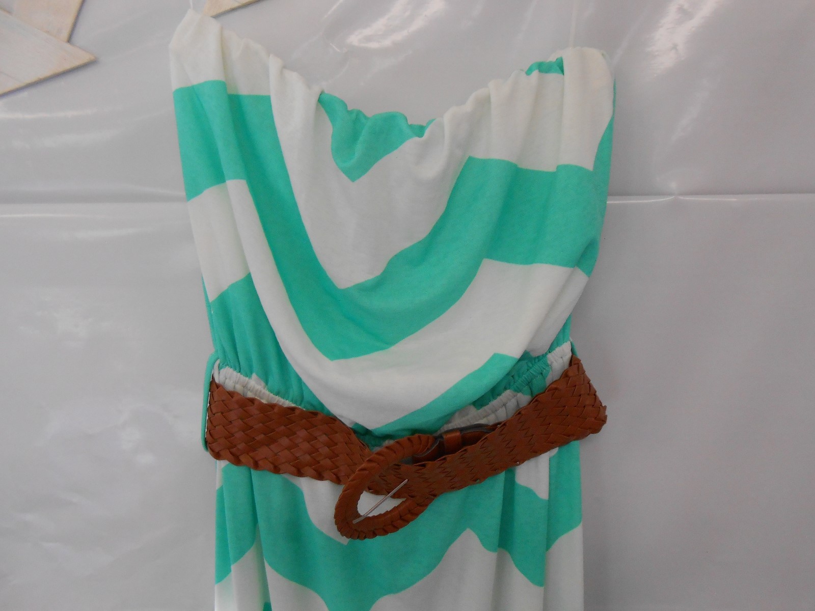 NEW Cute Strapless Green White Cheveron Sun Dress with Belt Small Medium Maxi!