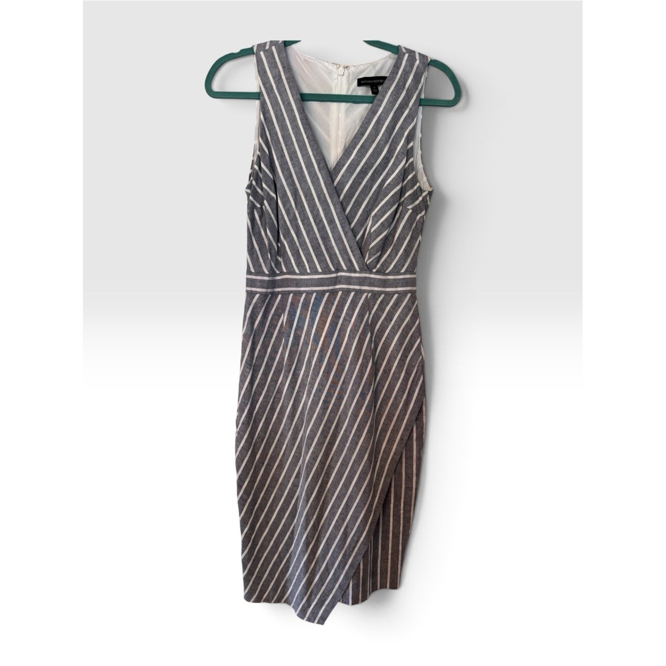 Banana Republic womens Gray & White Striped Classic Midi Wrap Dress linen blend
