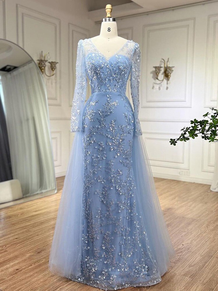 Long Sleeve Sky Blue Beaded Lace Mermaid Tulle Overlay Formal Evening Gown