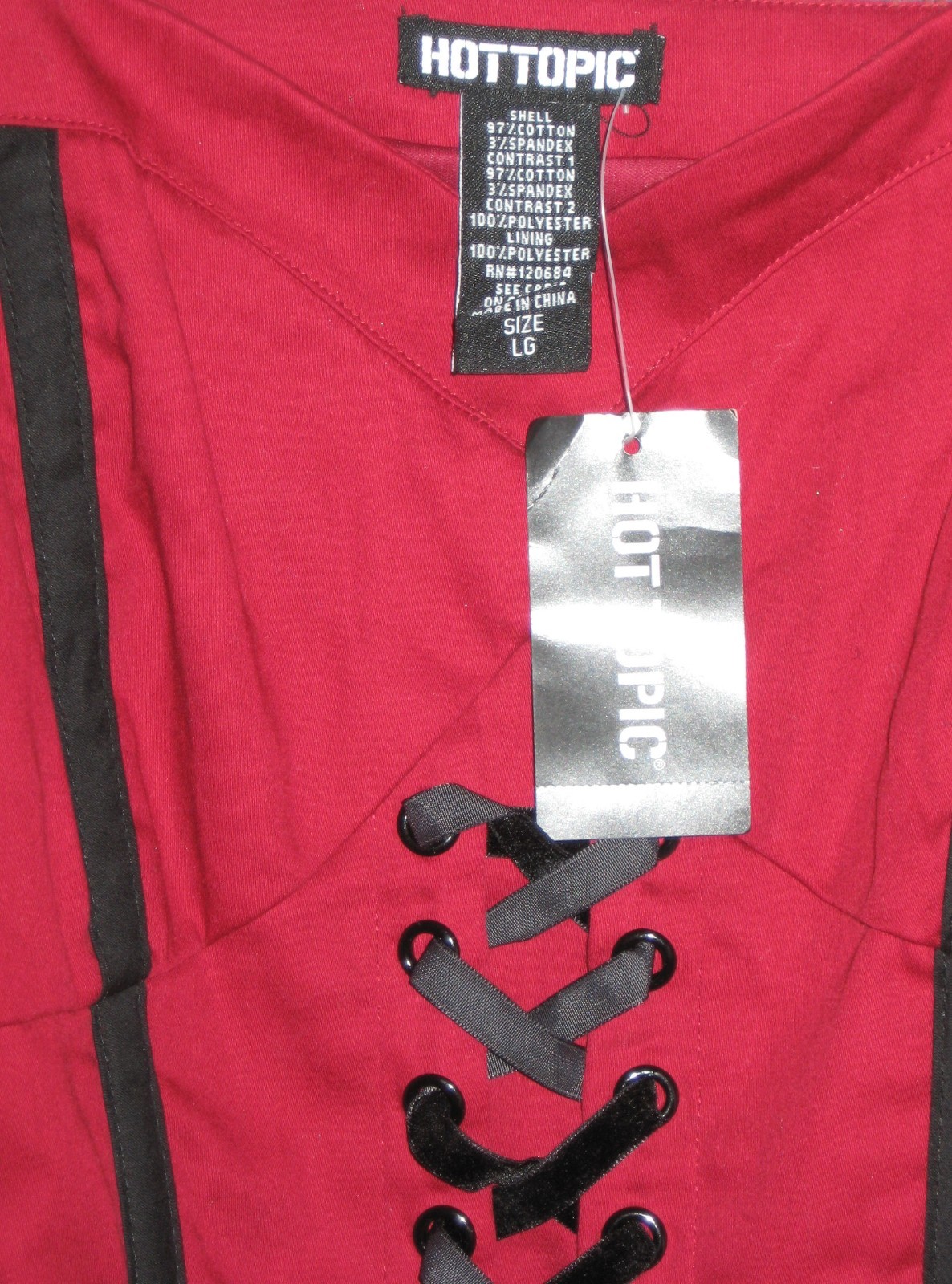 HOT TOPIC RED SUNDRESS BLACK ROSE BORDER LACE-UP FRONT SIZE L NWT PRETTY !