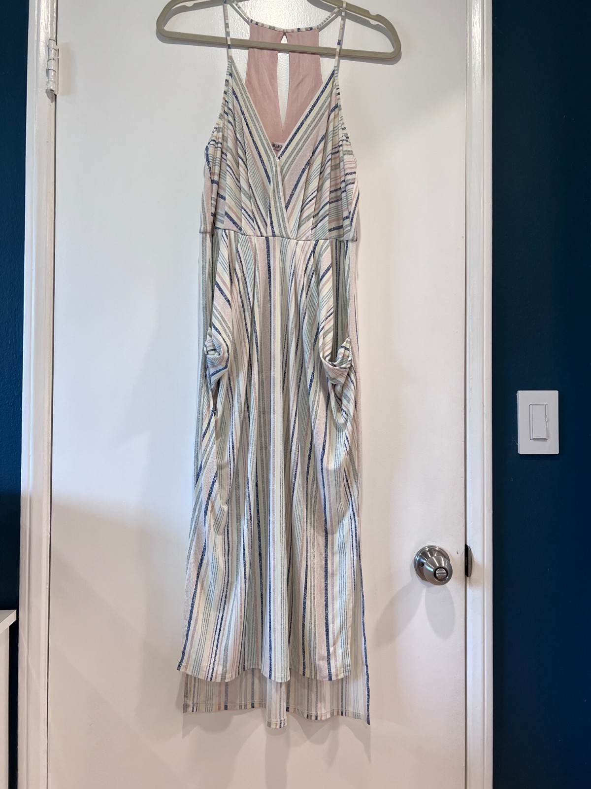 BCBGeneration Blue White Striped Draped Mini Dress Faux Wrap Bodycon Medium Chic