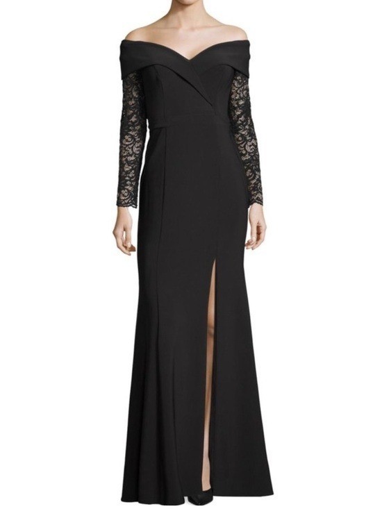 Xscape Evening Gown Off The Shoulder Sheer Lace Sleeves Front Slit Black Size 8