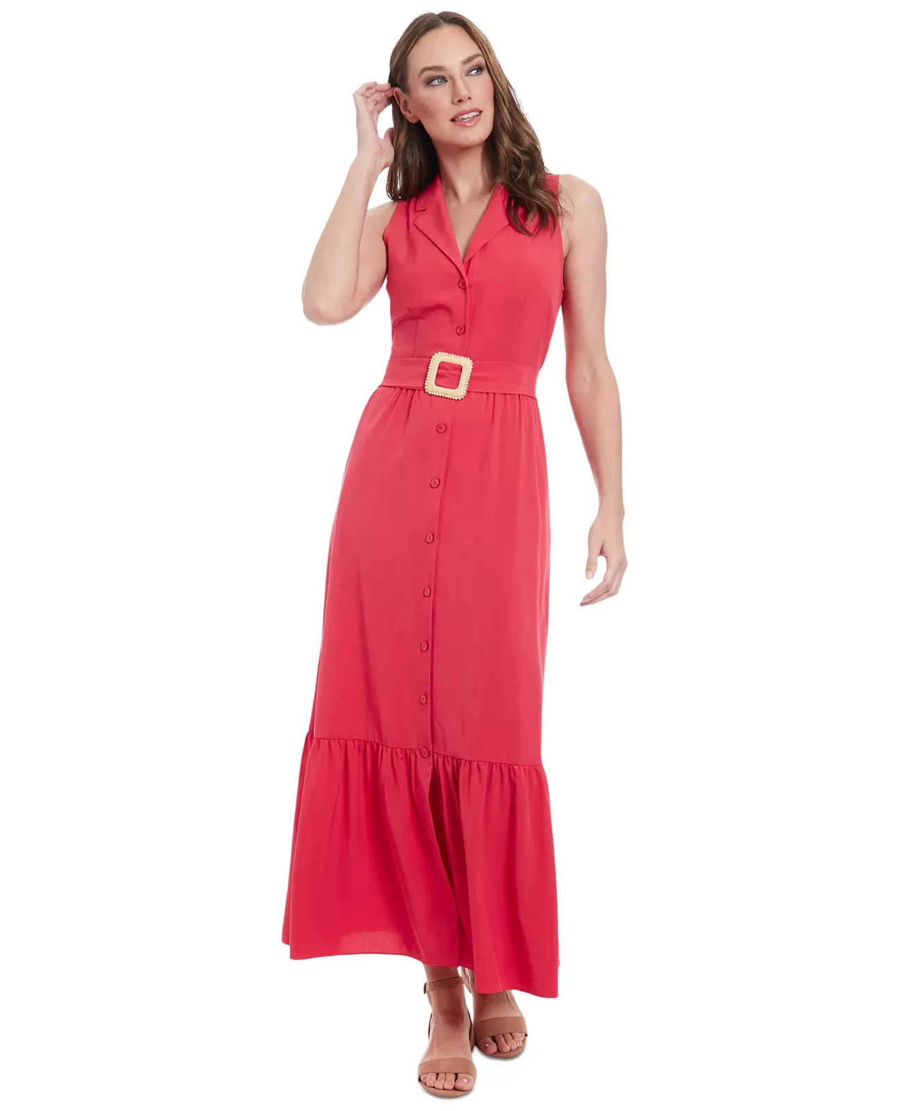 London Times Women’s Sleeveless Tiered Maxi Shirtdress Red Size Medium
