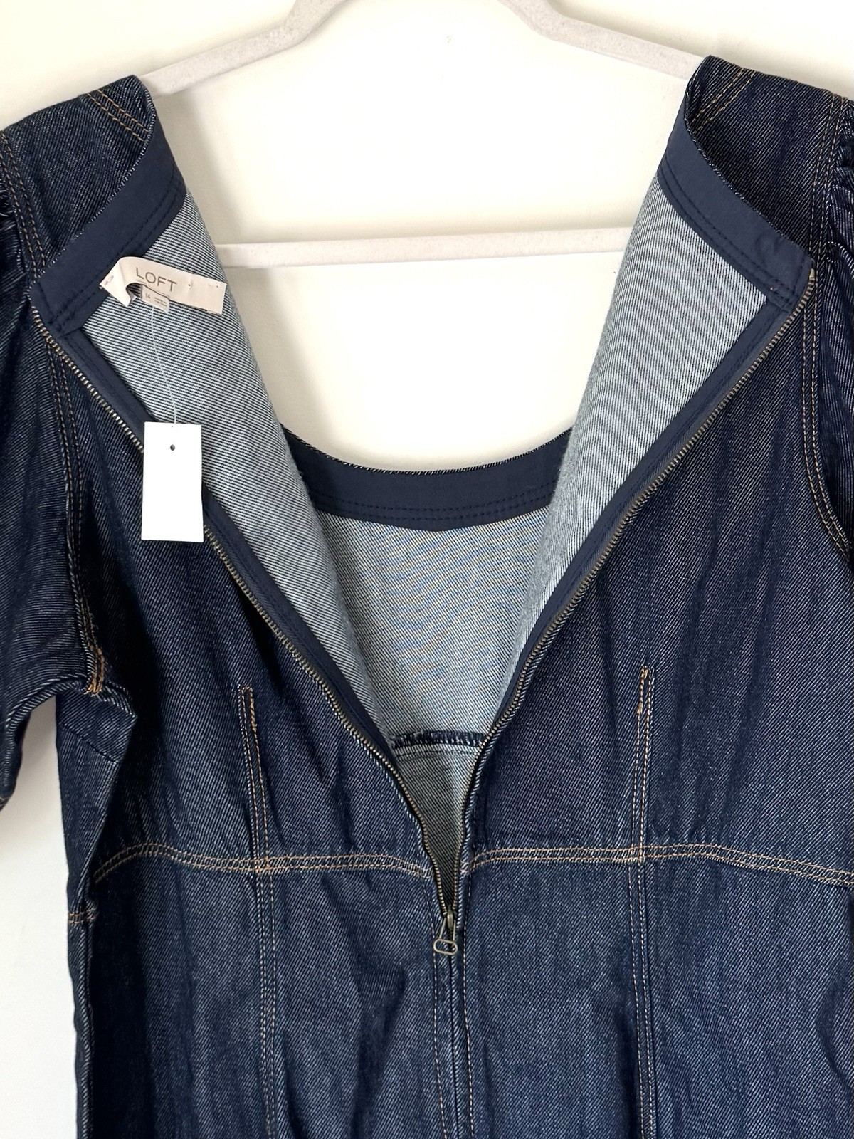 LOFT Denim Swing Mini Dress Sz 14 Puff Short Sleeves Dark Wash Fit N Flare NWT