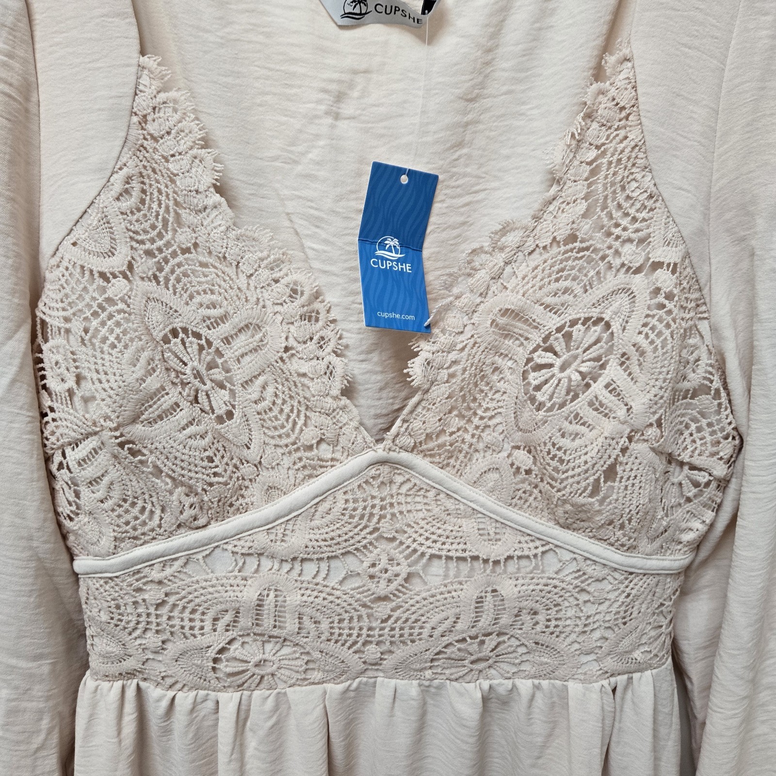 Cupshe Medium Cream Ivory Neutral Maxi Long-Sleeve Crochet Dress Bridal Boho
