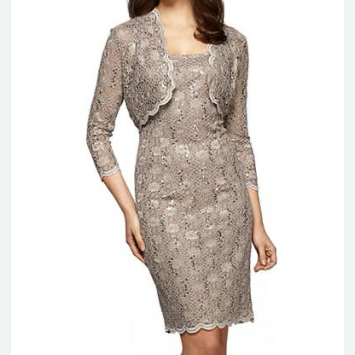 Alex Evenings Champagne Lace Sequin Two Piece Jacket Sleeveless Dress Size 8P