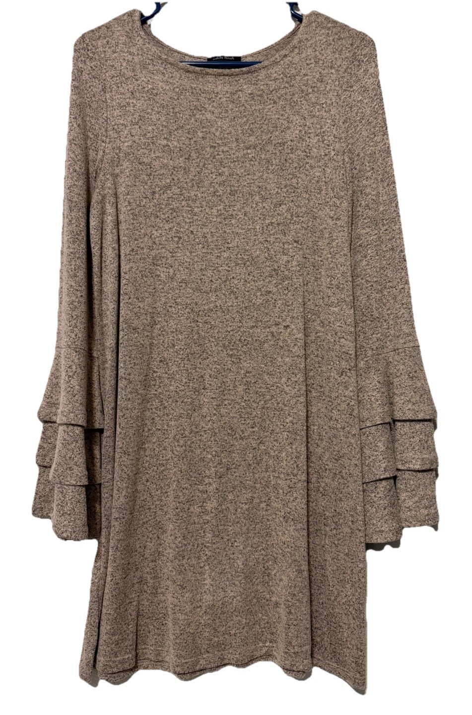 White Birch Women’s M Heathered Brown Sweater Dress Tiered Bell Sleeves Knee Mid
