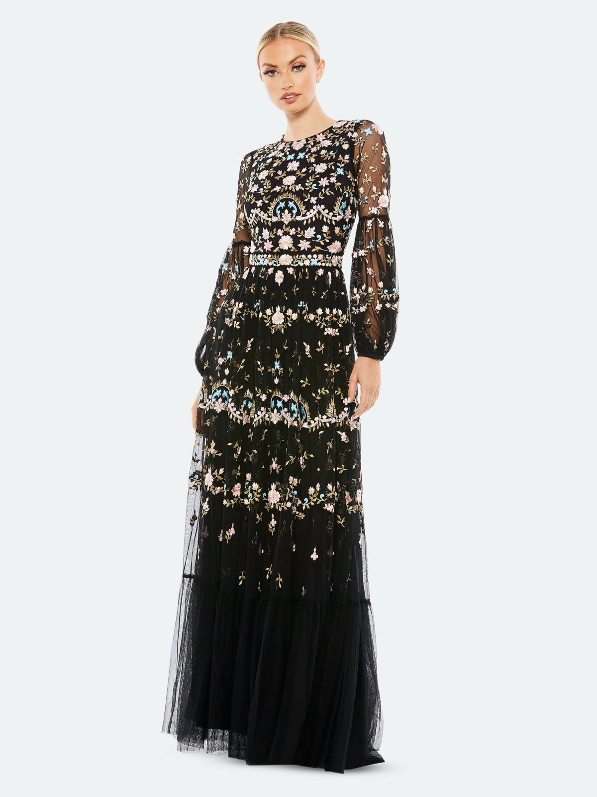 Mac Duggal 35111 Embroidered Floral Gown Black Long Bishop Sleeve Size 8 NWT