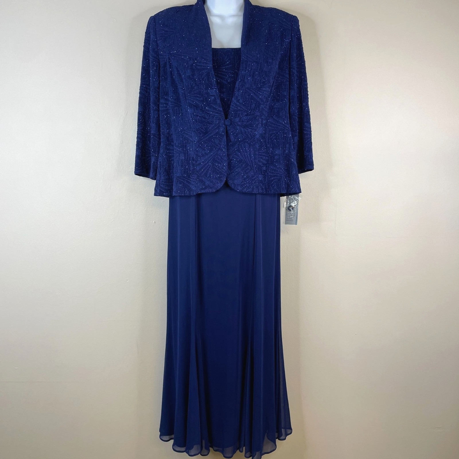 Alex Evenings Glitter Chiffon Gown 2 PC Dress NWT 10P Blue Jacket Special Event
