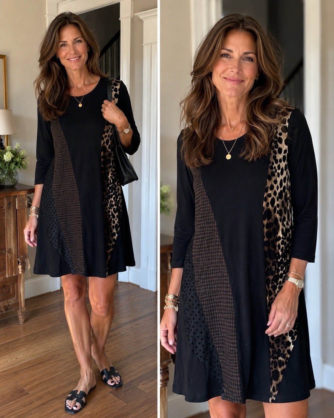 ALEMBIKA Black Mixed Media Color Block DRESS Sz 3 Leopard Cheetah EUC