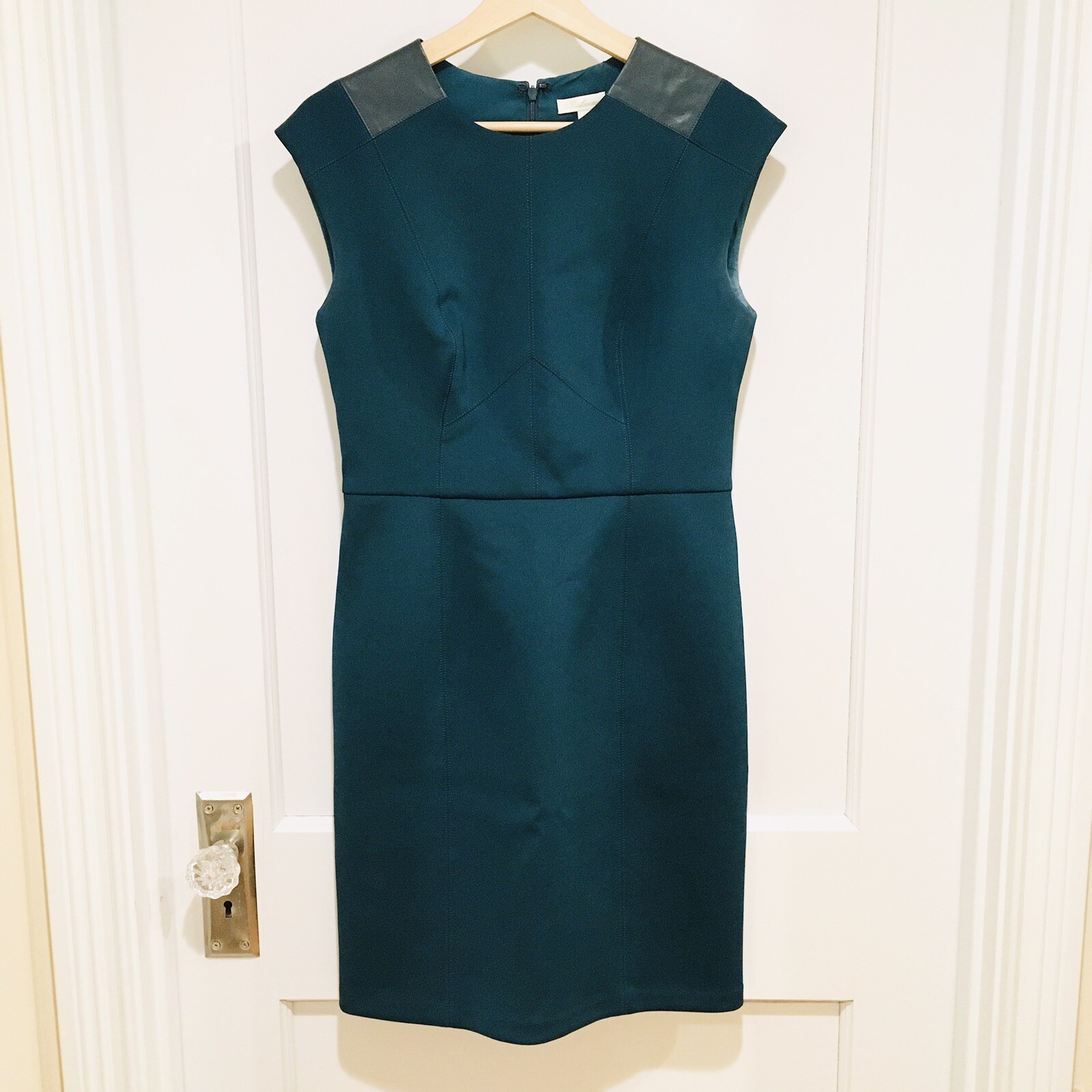 Shoshanna Teal Sheath Dress Faux Leather Trim 6 Ponte Knit Career Professional