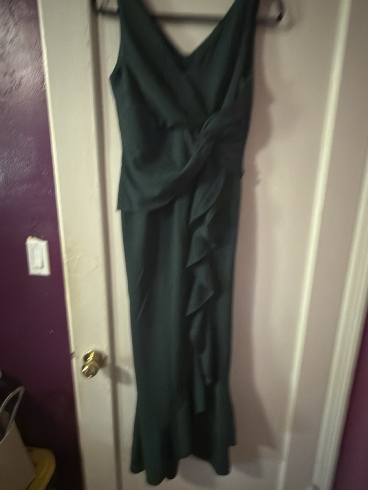 Dark Green Solid Maxi Dress V-Neck Sleeveless Ruffle Ruched Long Size L