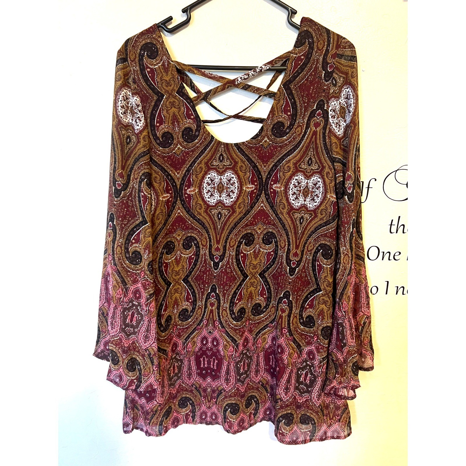 Tobi Paisley Bell Sleeve Mini Dress Burgundy Boho Hippie Gypsy Whimsigoth retro
